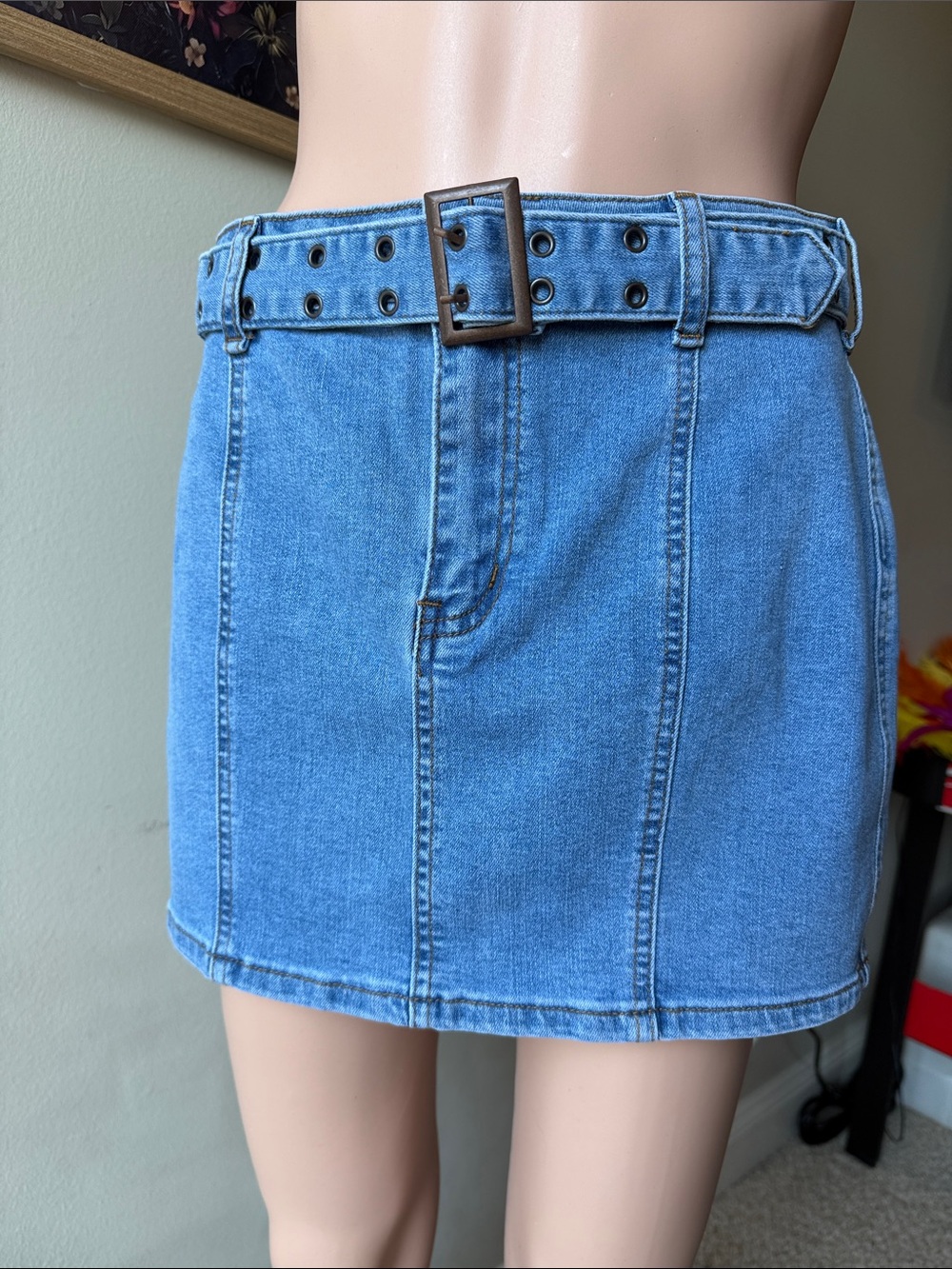 Sincerly Jules Light Blue Denim Mini Skirt with Buckle Belt